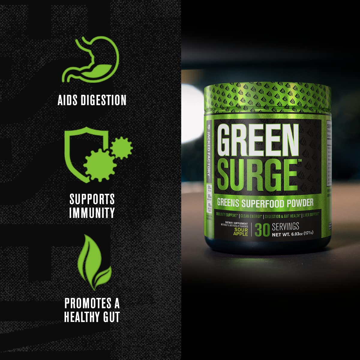 Jacked Factory Green Surge ingredients highlight spirulina and wheatgrass for nutrient density.