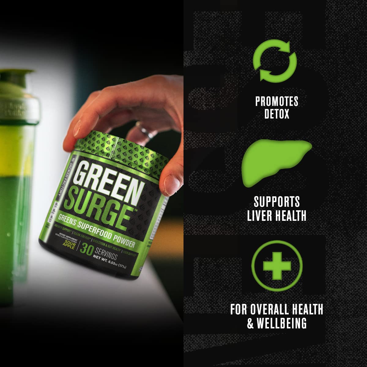 Jacked Factory Green Surge scoop dispensing powder highlights convenient daily use.