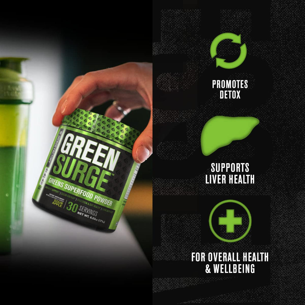 Jacked Factory Green Surge scoop dispensing powder highlights convenient daily use.