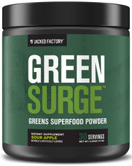 Jacked Factory Green Surge tub closeup showcasing organic greens for daily nutrition.