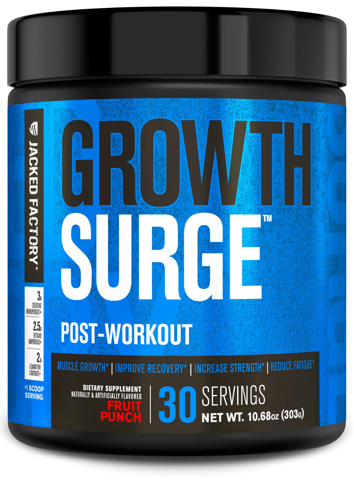 Jacked Factory Growth Surge bottle with fruit punch flavor for post-workout recovery.