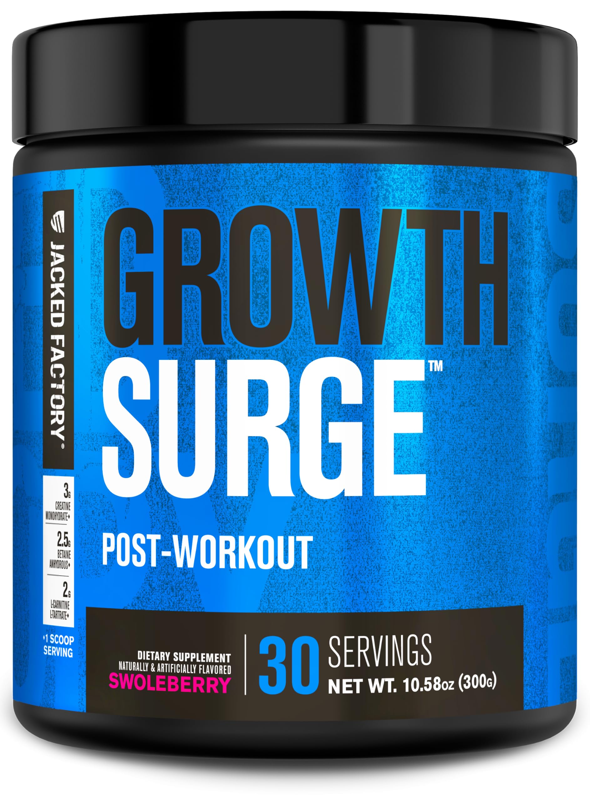 Jacked Factory Growth Surge bottle on a gym counter ready for post-workout fueling