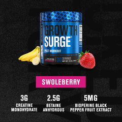 Close-up of Growth Surge label highlighting creatine monohydrate content