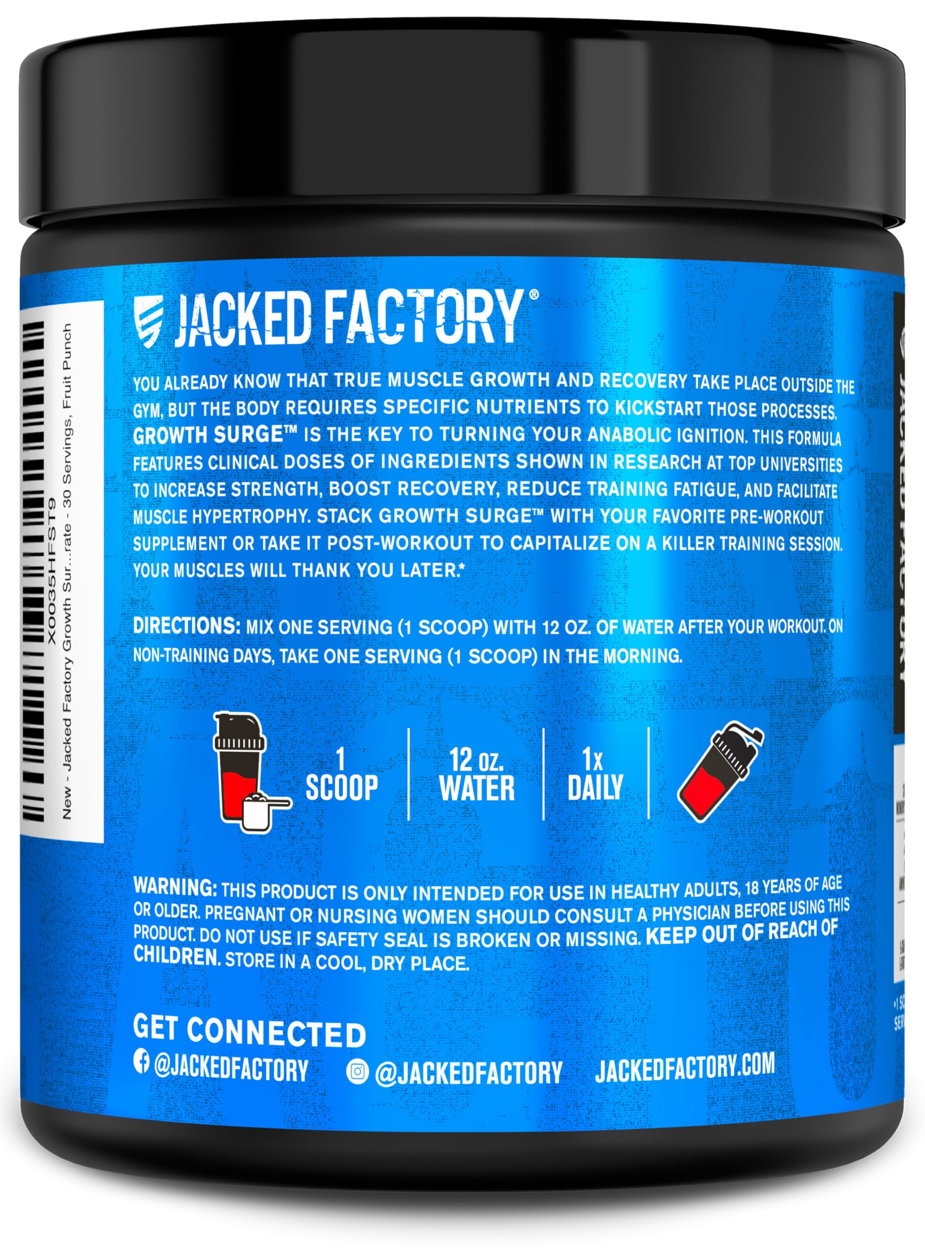 Jacked Factory Growth Surge serving size image communicates 30 servings per container.