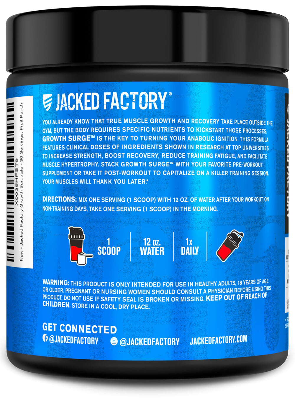 Jacked Factory Growth Surge serving size image communicates 30 servings per container.