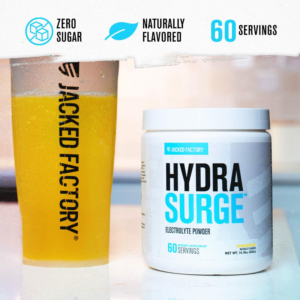 Jacked Factory HYDRASURGE label close-up highlights Himalayan salt minerals.