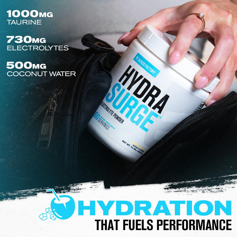 Jacked Factory HYDRASURGE being poured into water for coconut water balance.