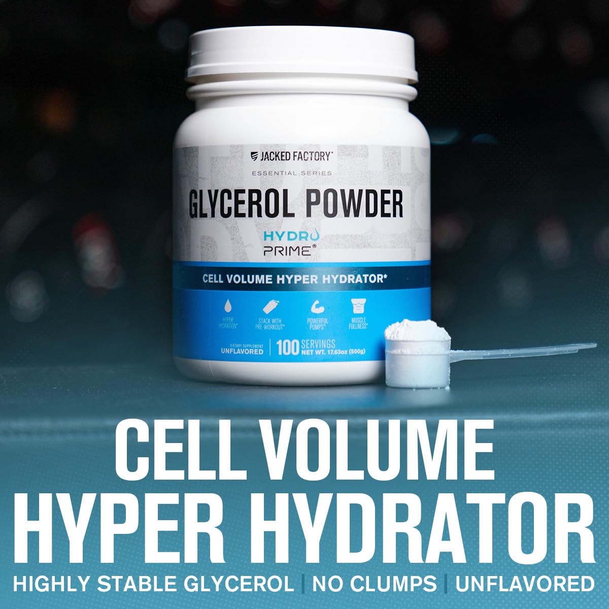 Jacked Factory HydroPrime glycerol powder bottle promises sustained cellular hydration.