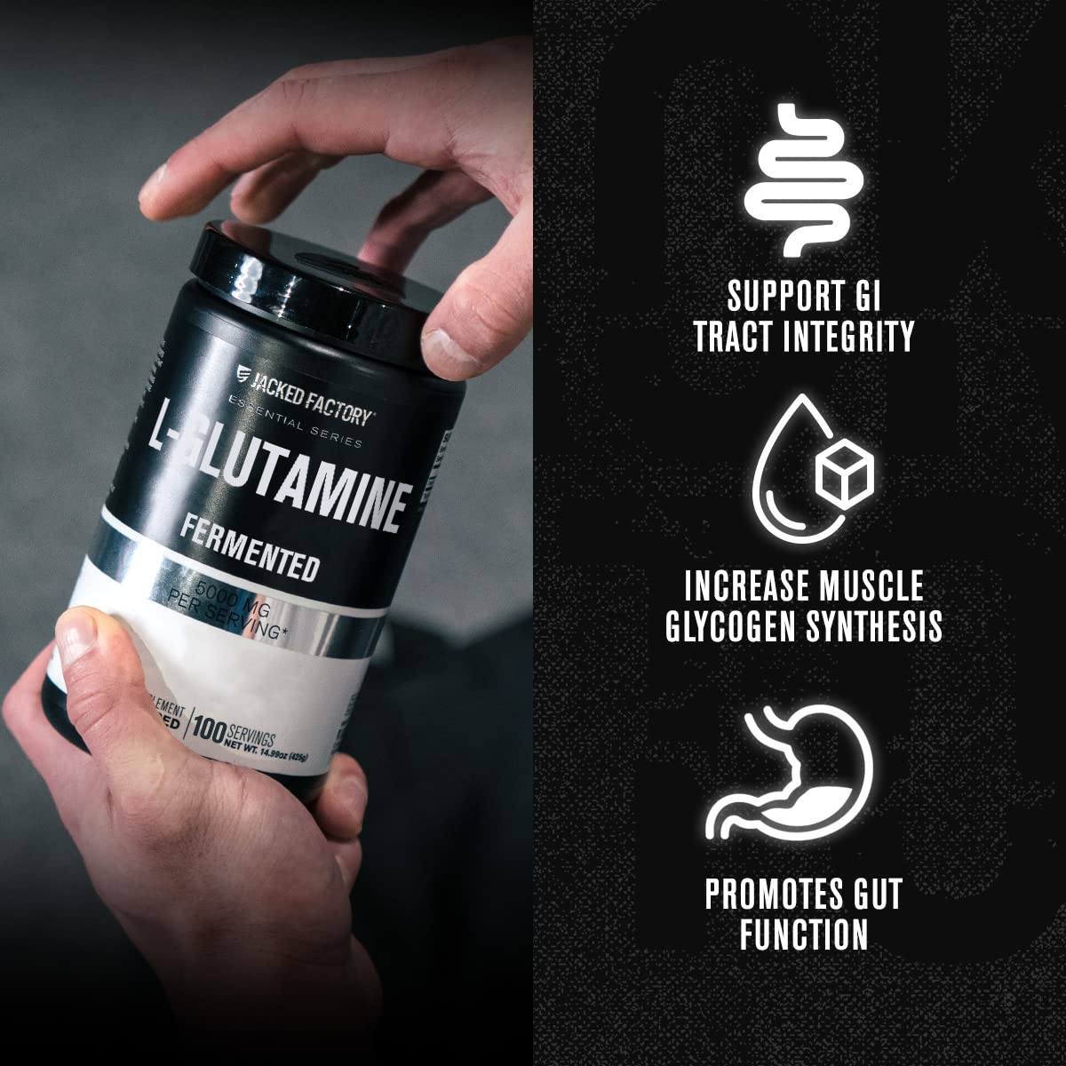 Jacked Factory L-Glutamine powder packaging close-up highlighting no artificial fillers