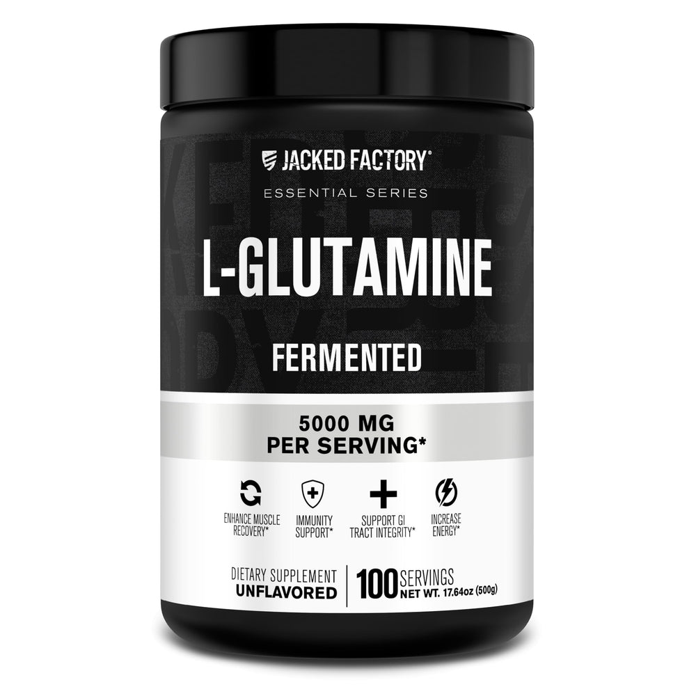 Jacked Factory L-Glutamine powder unflavored scoop for convenient post-workout recovery