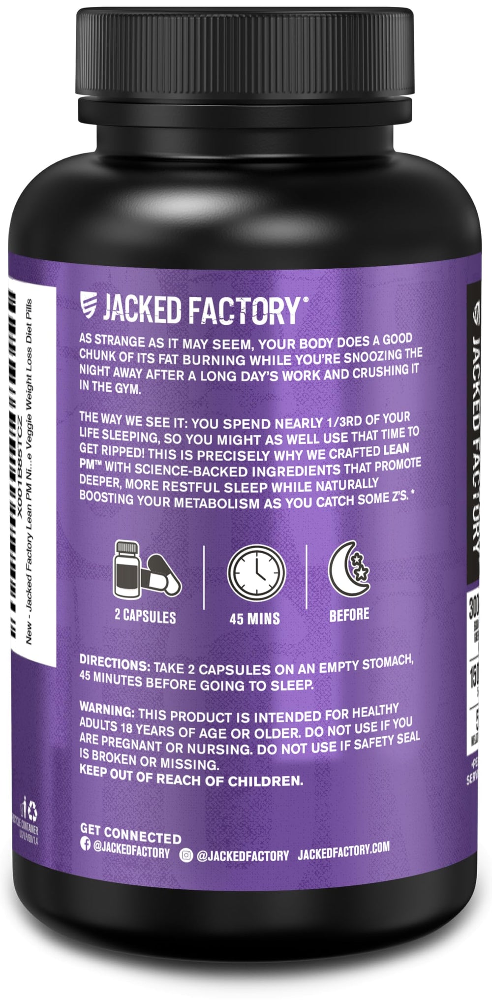 Jacked Factory Lean PM ingredient panel highlights natural, stimulant-free formula.
