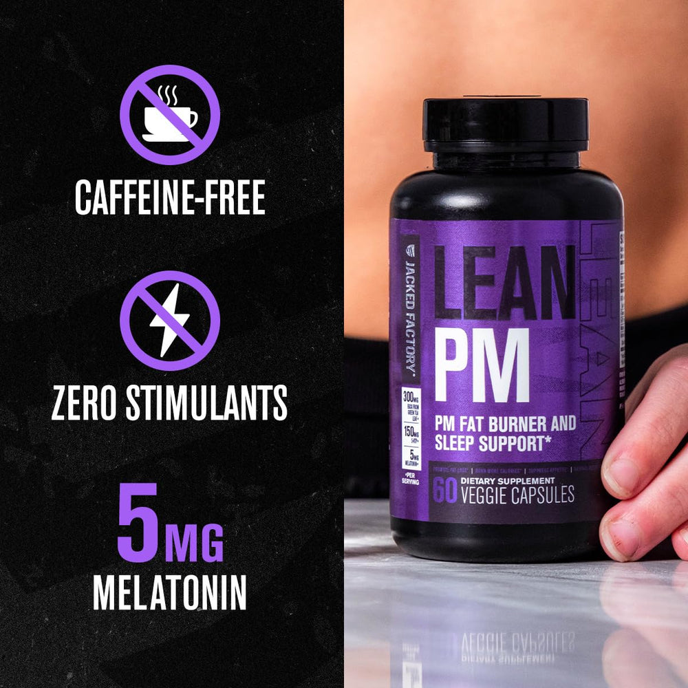 Jacked Factory Lean PM label closeup highlights caffeine-free formula.