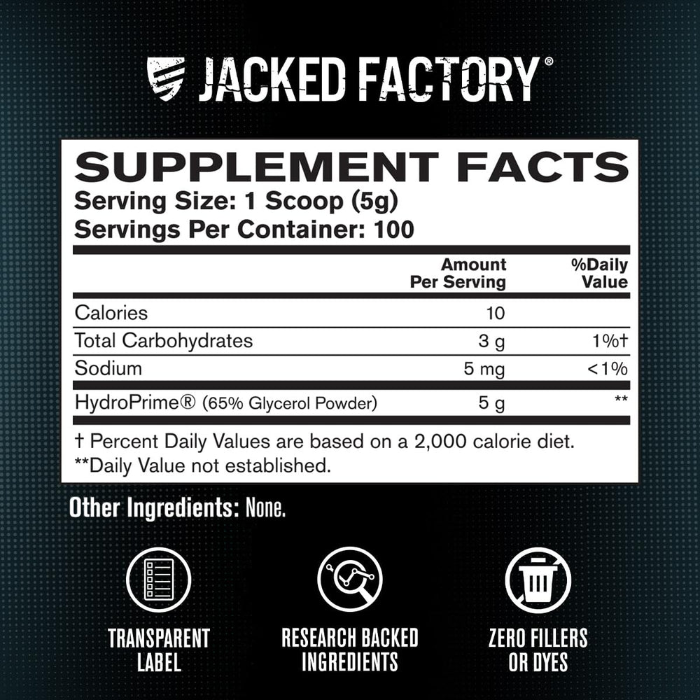 Jacked Factory Glycerol Pump Powder helps visibly fuller muscles during workouts.