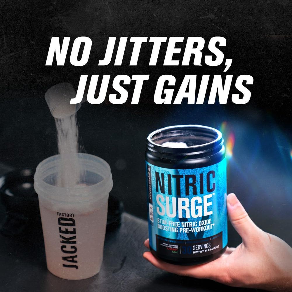 Jacked Factory Nitric Surge label highlights ingredients like Con-Cret and L-Citrulline.