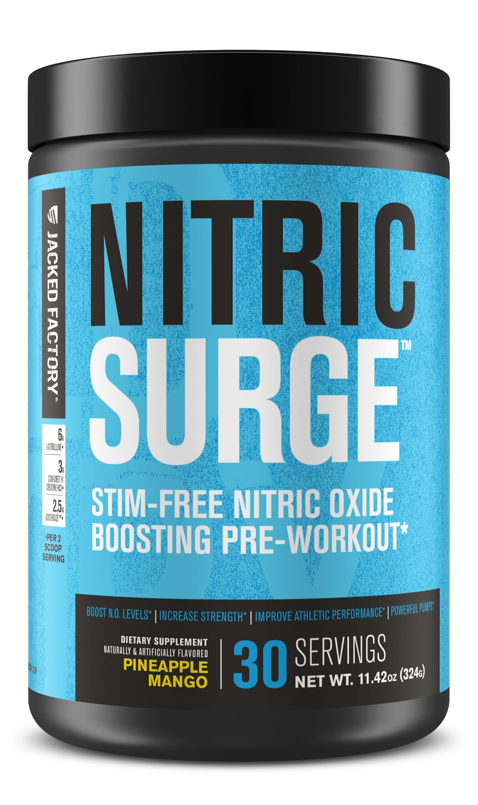 Jacked Factory Nitric Surge pineapple mango bottle, stimulant-free pre-workout for smooth workouts.