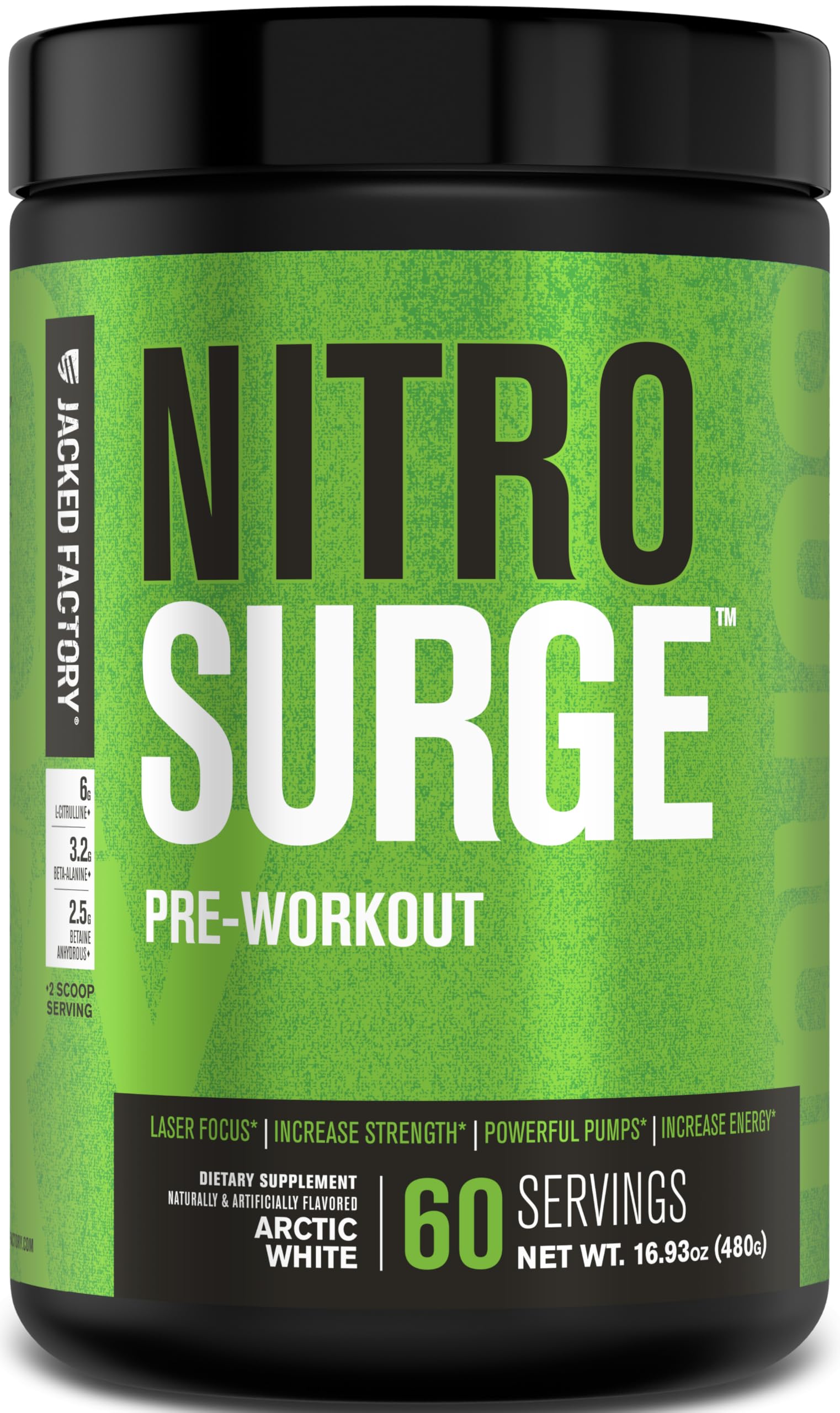 Jacked Factory Nitrosurge Arctic White bottle front view, ready for a high-energy workout.