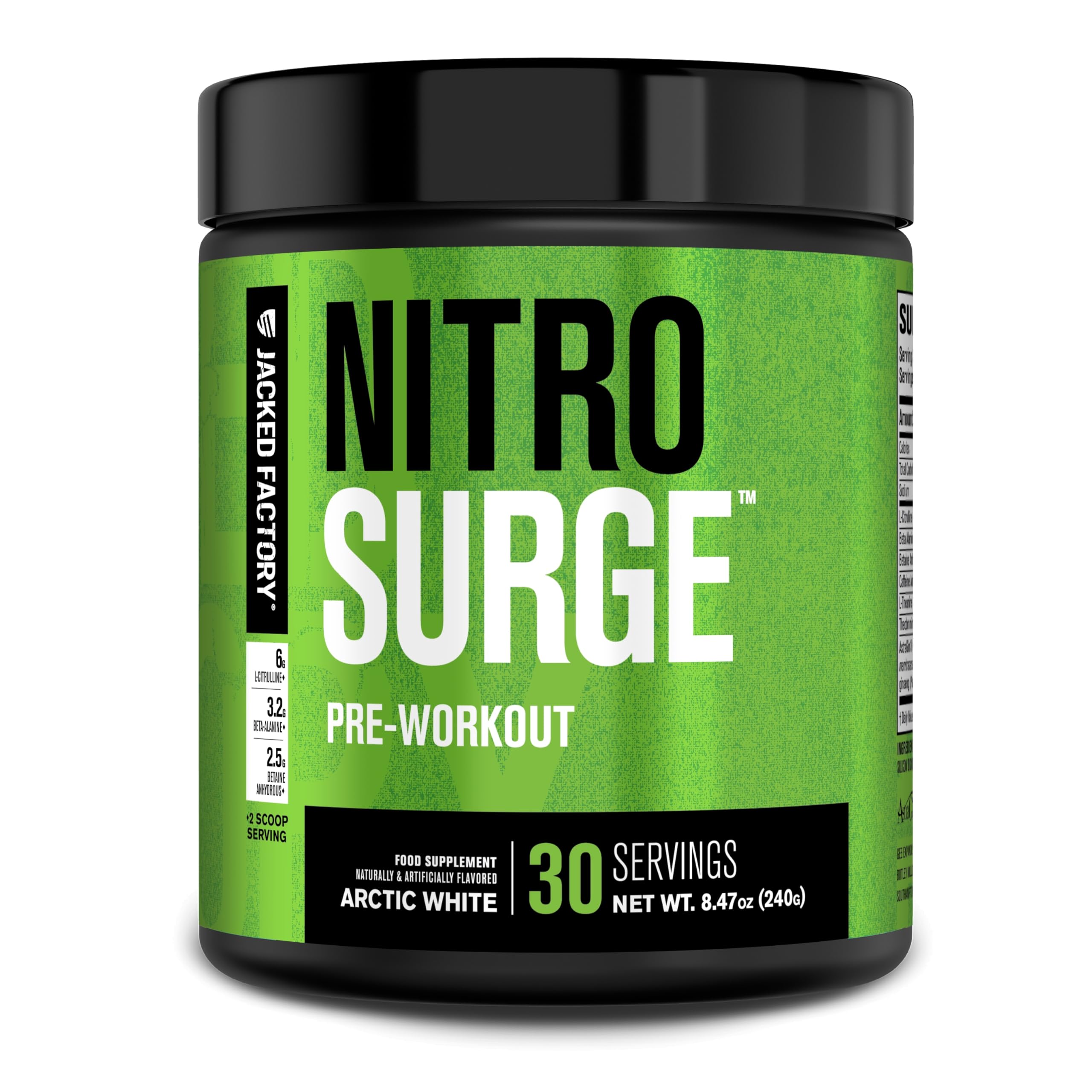 Jacked Factory Nitrosurge Arctic White tub shown for long-lasting energy support