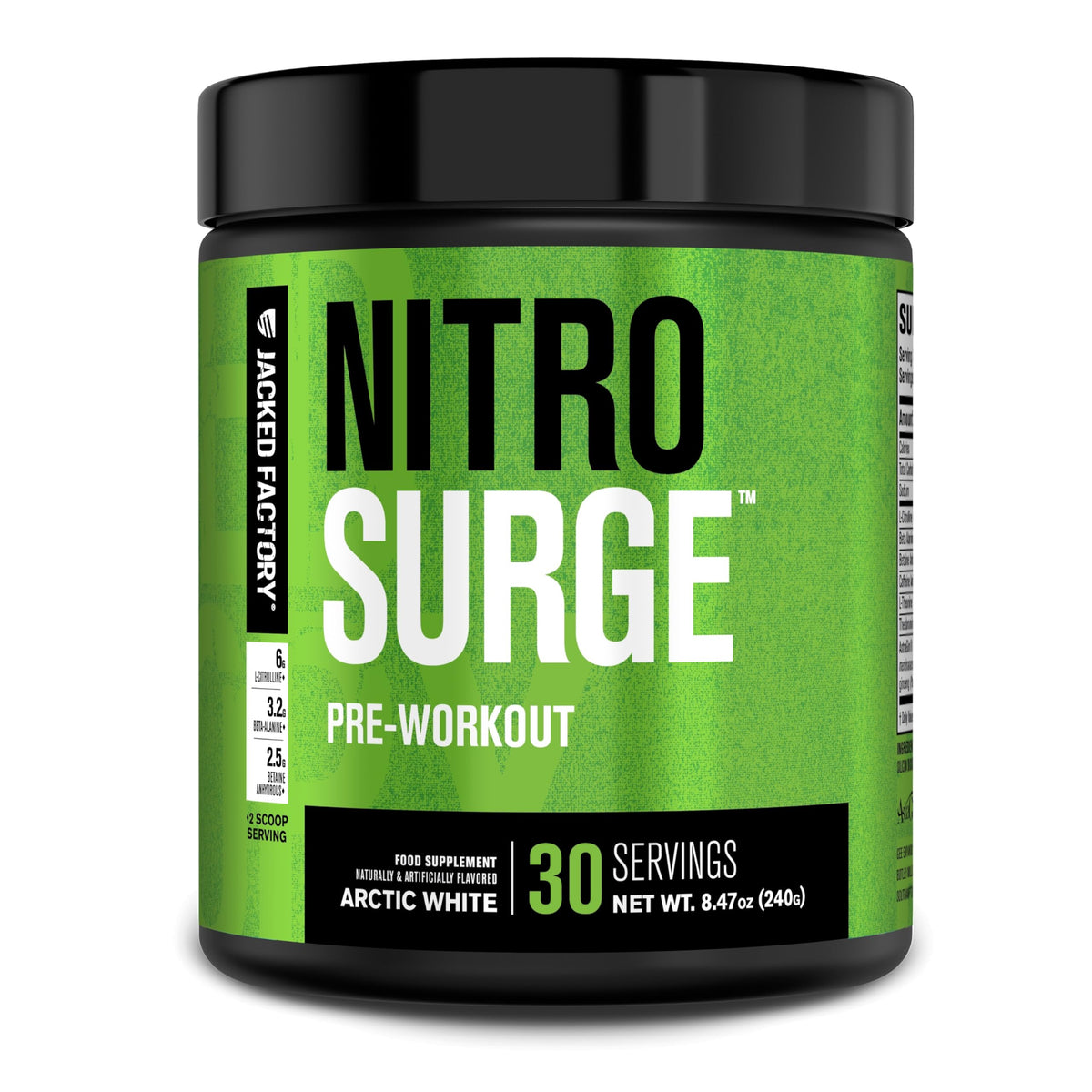Jacked Factory Nitrosurge Arctic White tub shown for long-lasting energy support