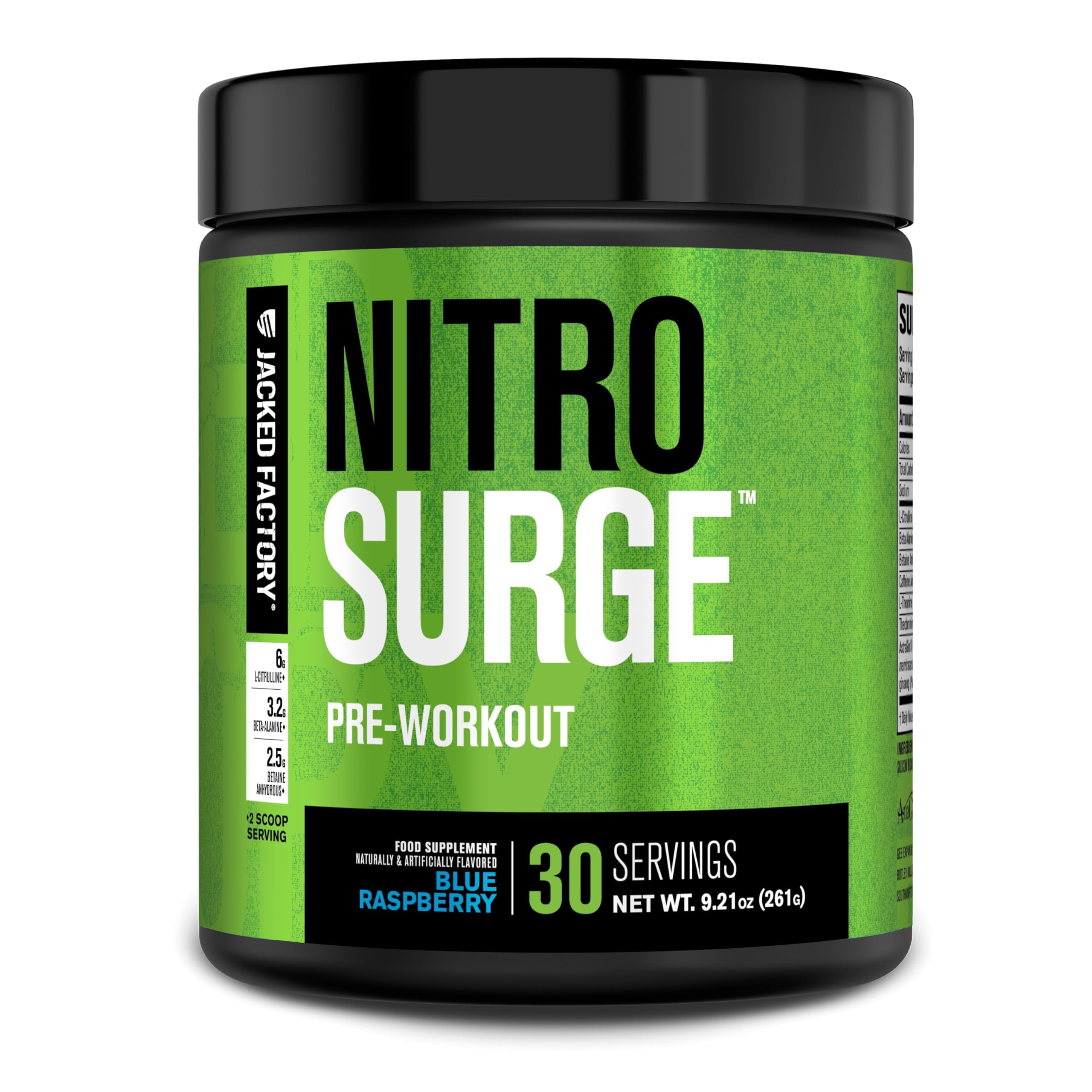 Jacked Factory Nitrosurge blue raspberry powder bottle highlighting focus support