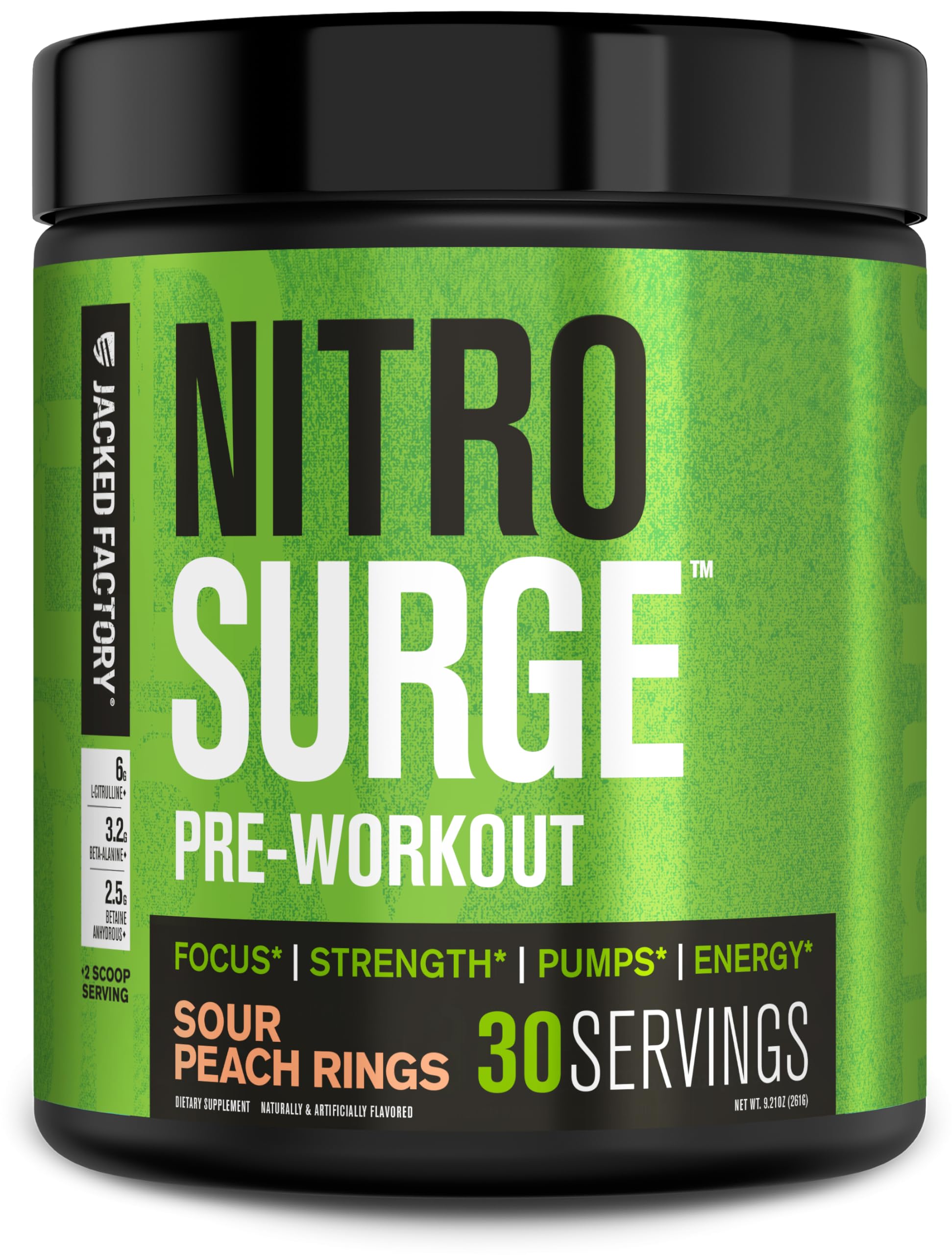 Jacked Factory Nitrosurge bottle front showing bold design and packaging appeal for energy during workouts