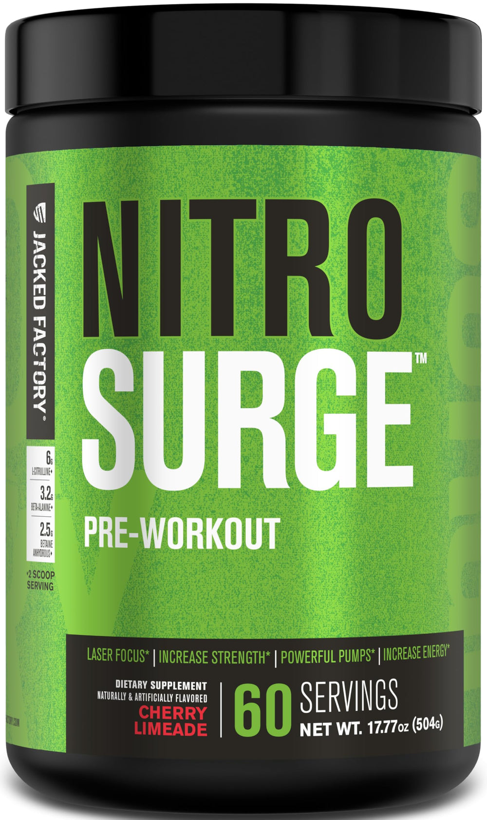Jacked Factory Nitrosurge bottle pour shows cherry limeade flavor for quick pre-workout energy