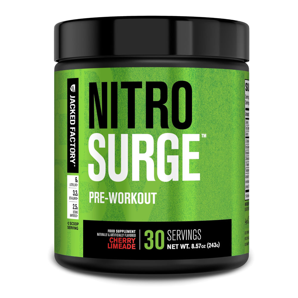 Jacked Factory Nitrosurge bottle being poured for a pre-workout energy boost
