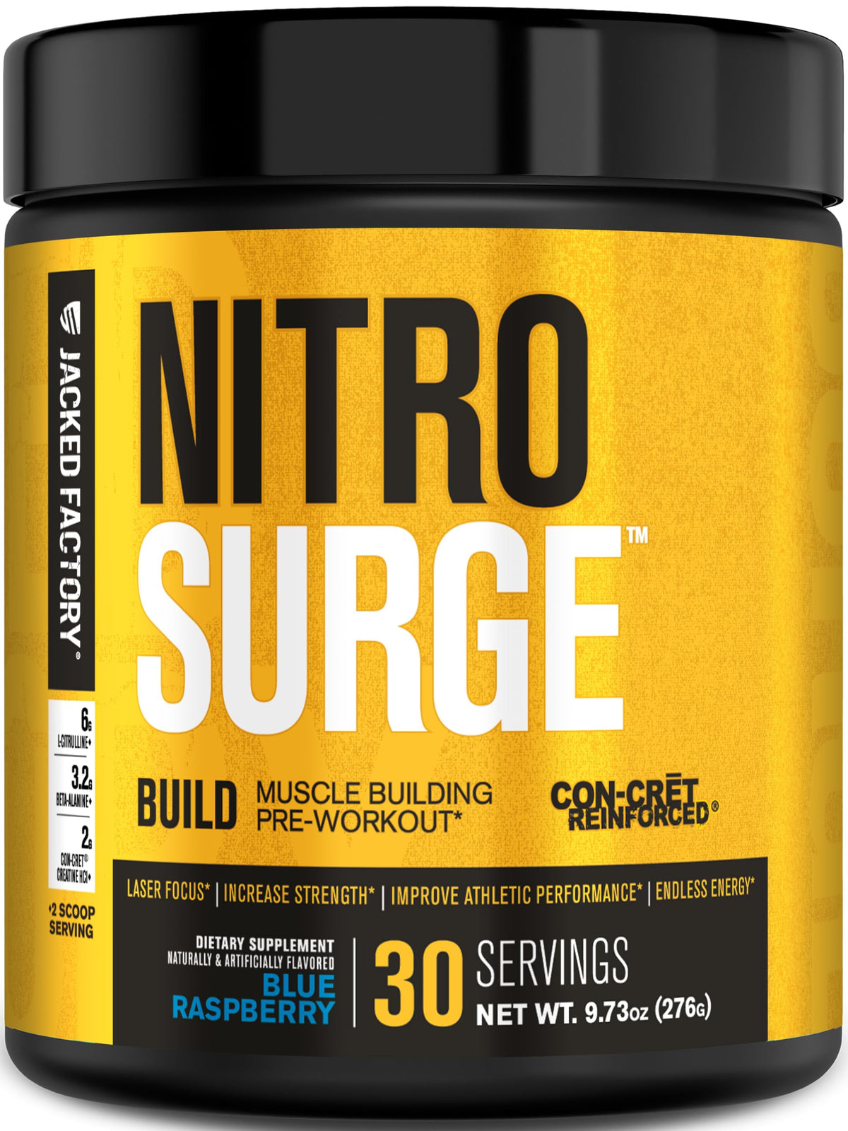 Jacked Factory Nitrosurge Build bottle front for quick pre-workout energy