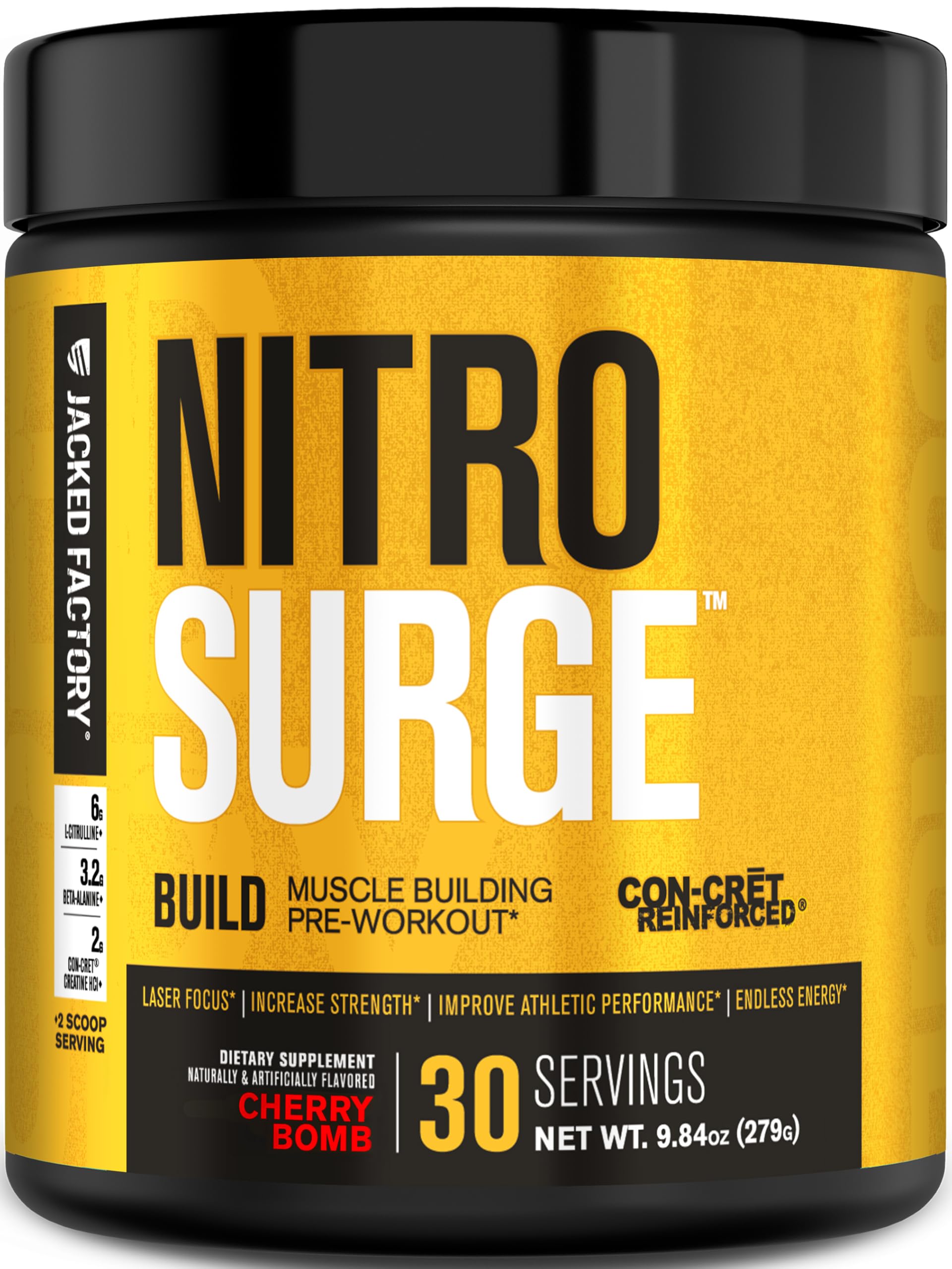 Jacked Factory Nitrosurge Build canister open for a pre-workout energy boost.