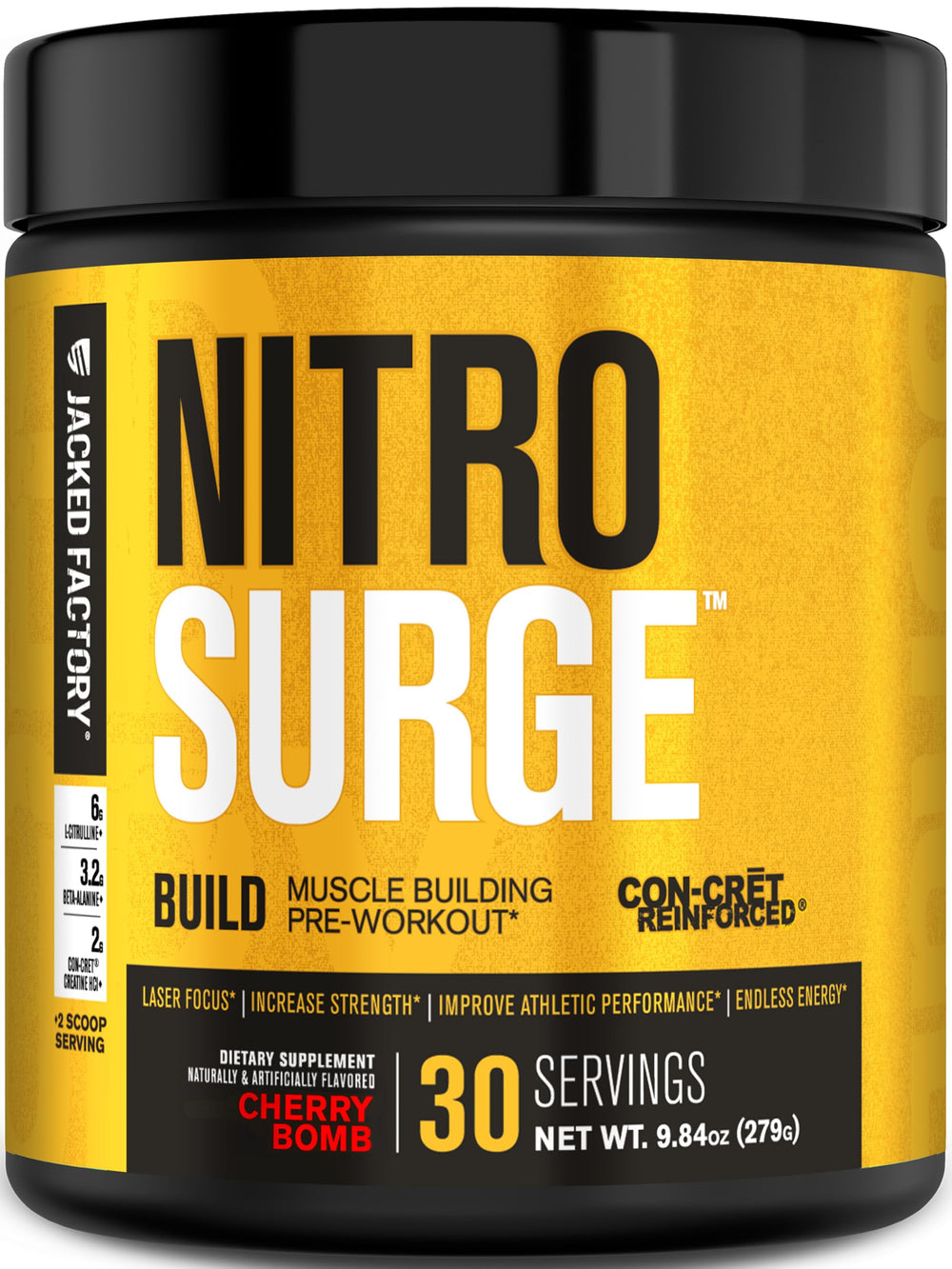 Jacked Factory Nitrosurge Build canister open for a pre-workout energy boost.