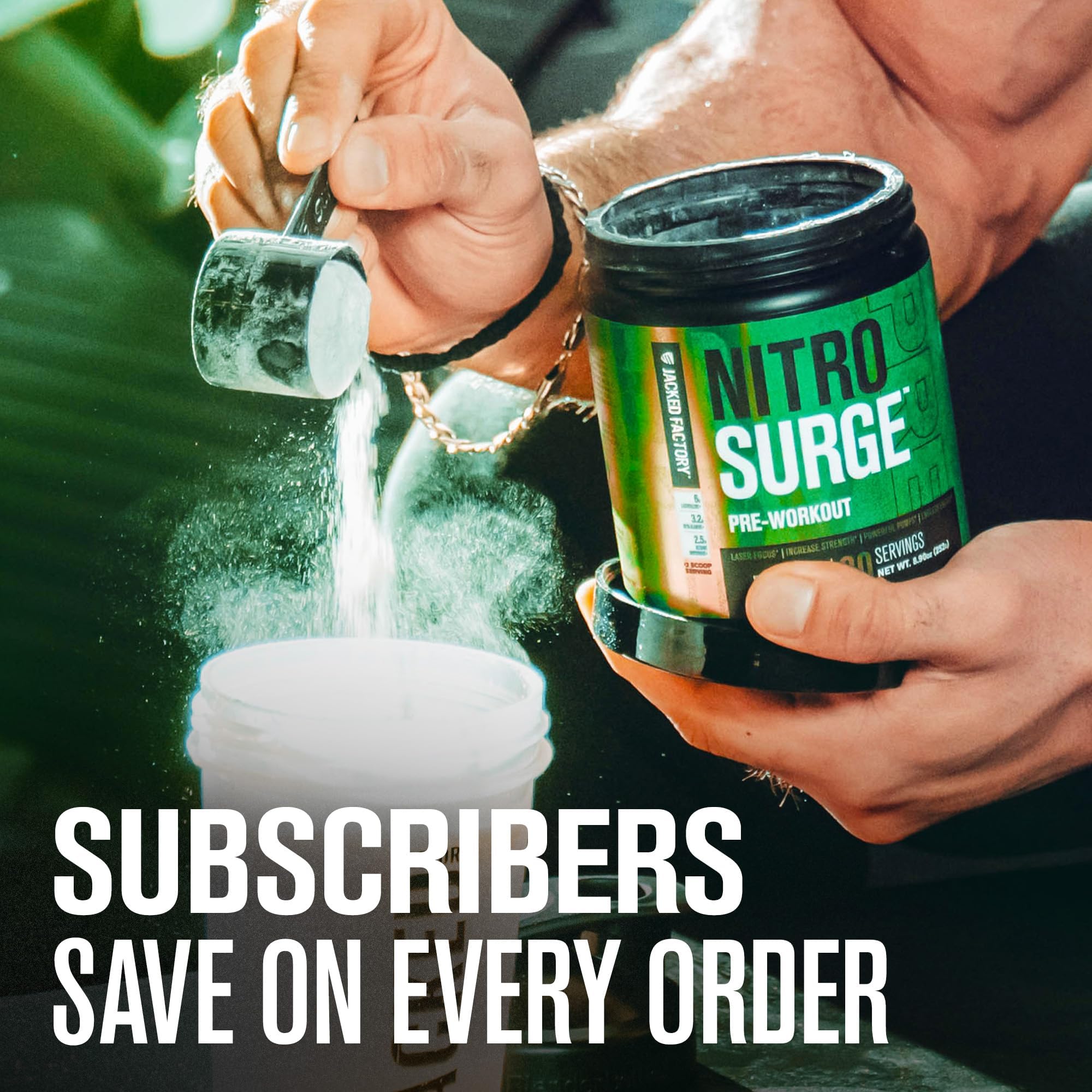 Jacked Factory Nitrosurge clean ingredients closeup reinforces stimulant-light profile.