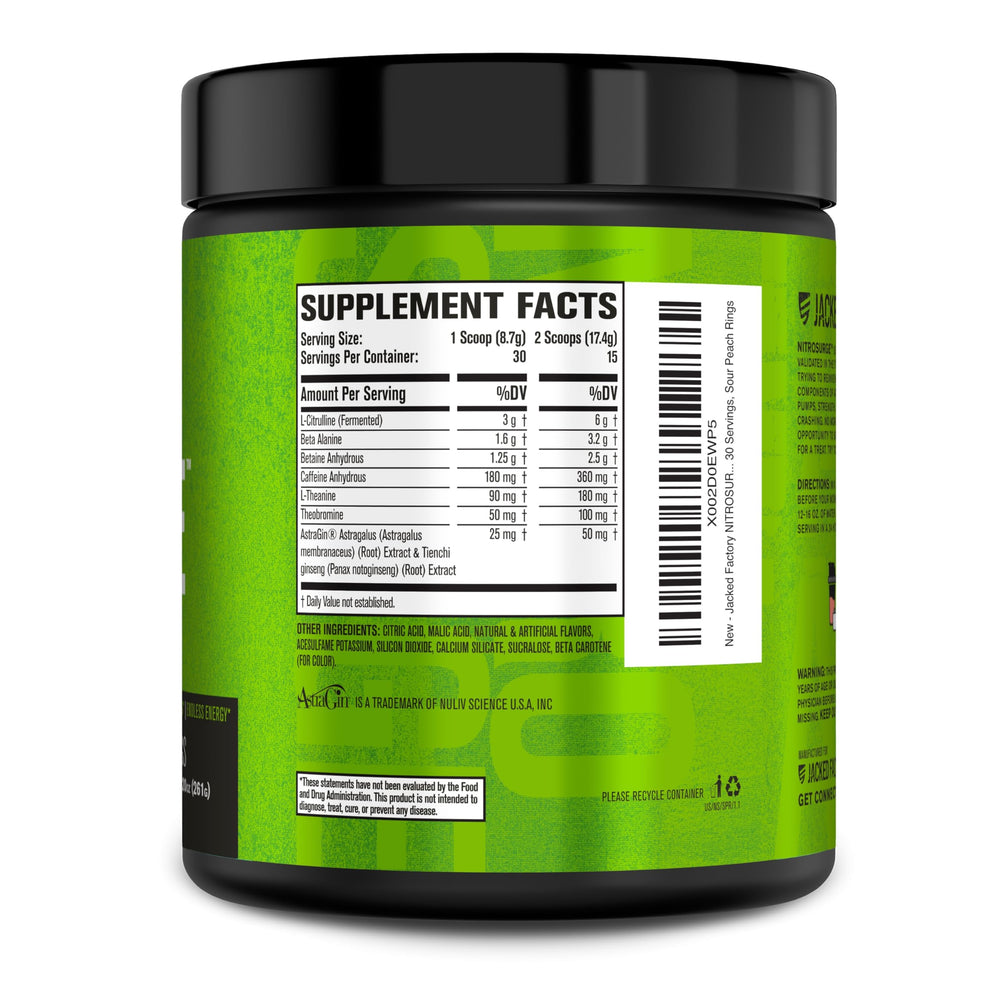 Sour peach rings flavor accent on label suggests enjoyable taste during pre-workout routines