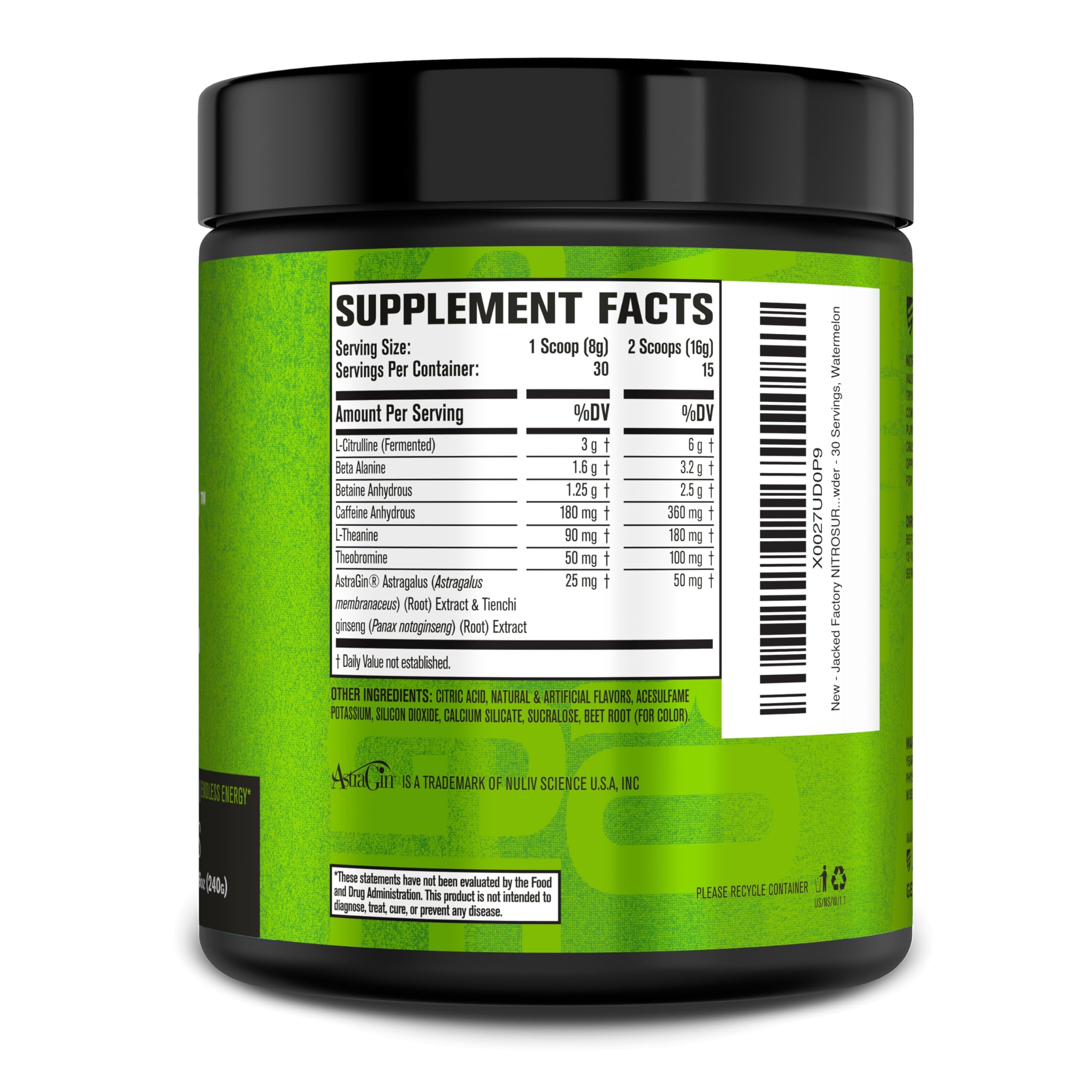 Jacked Factory Nitrosurge ingredient panel featuring L‑Citrulline and beta‑alanine