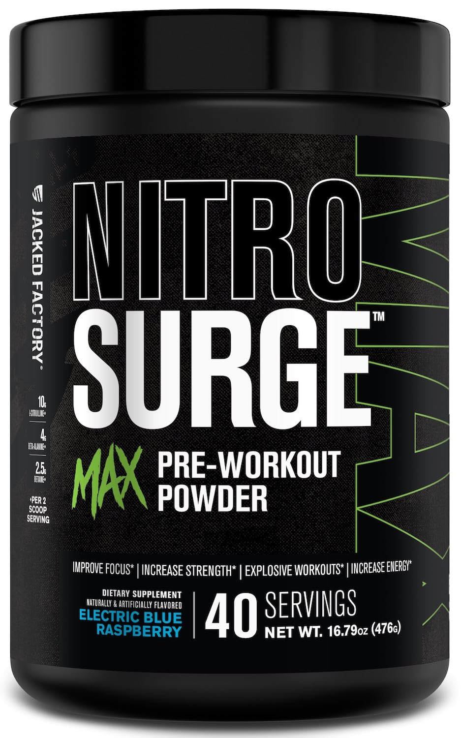 Jacked Factory Nitrosurge Max electric blue raspberry tub front for energized workouts