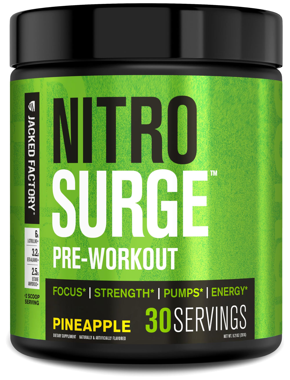 Jacked Factory Nitrosurge pineapple tub label close-up for clean workout energy