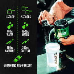 Jacked Factory Nitrosurge powder scoop poured into water shows quick mix.