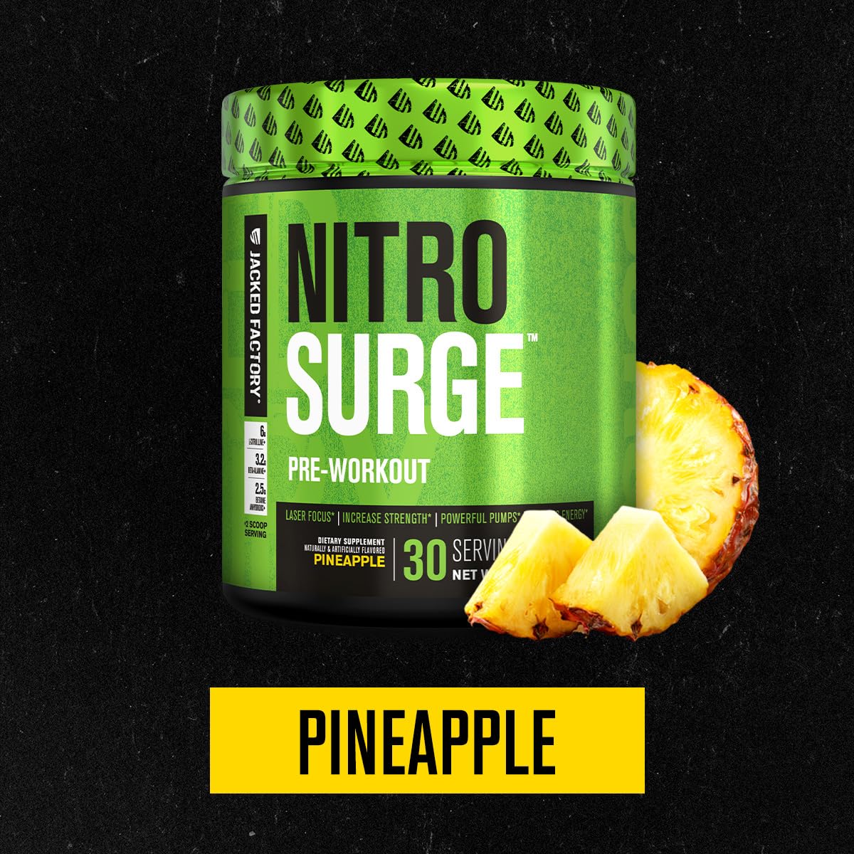 Nitrosurge pineapple powder scoop demonstrates convenient serving for steady gym energy
