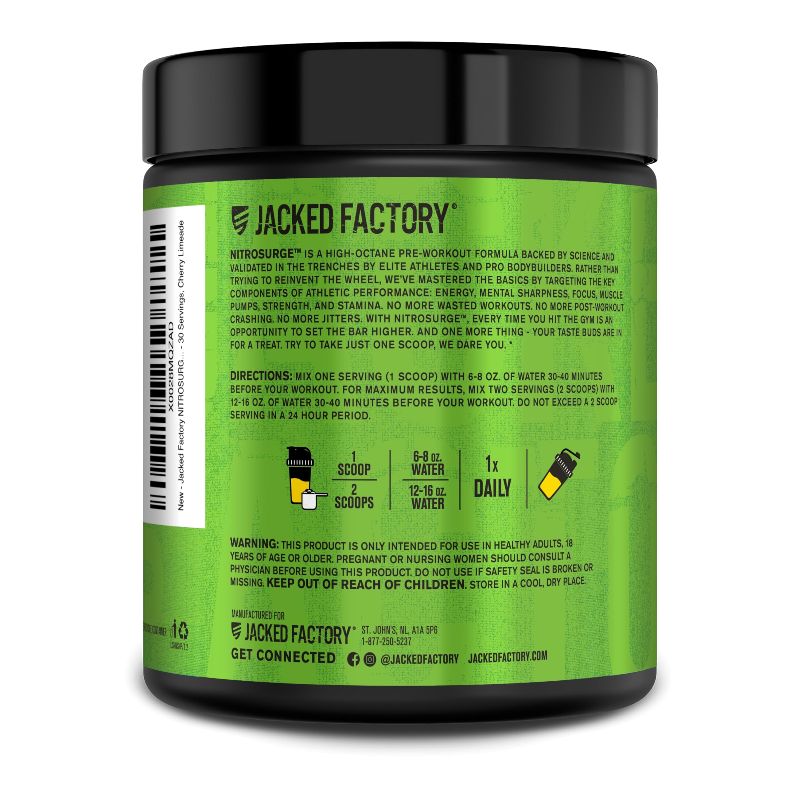 Jacked Factory Nitrosurge promo packaging indicates value with 30 servings