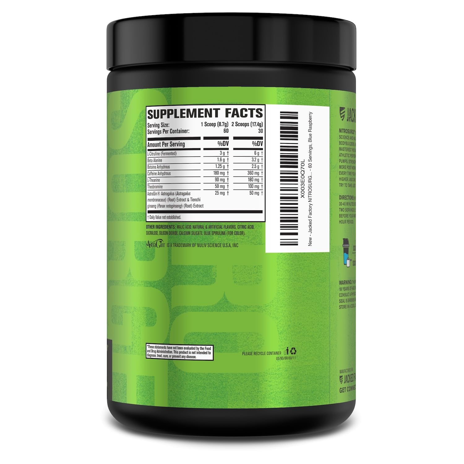 Jacked Factory Nitrosurge label notes cGMP manufacturing for quality.