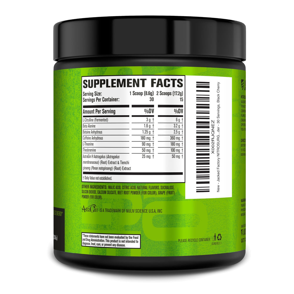Jacked Factory Nitrosurge ready-drink visual promotes simple preparation and flavor.
