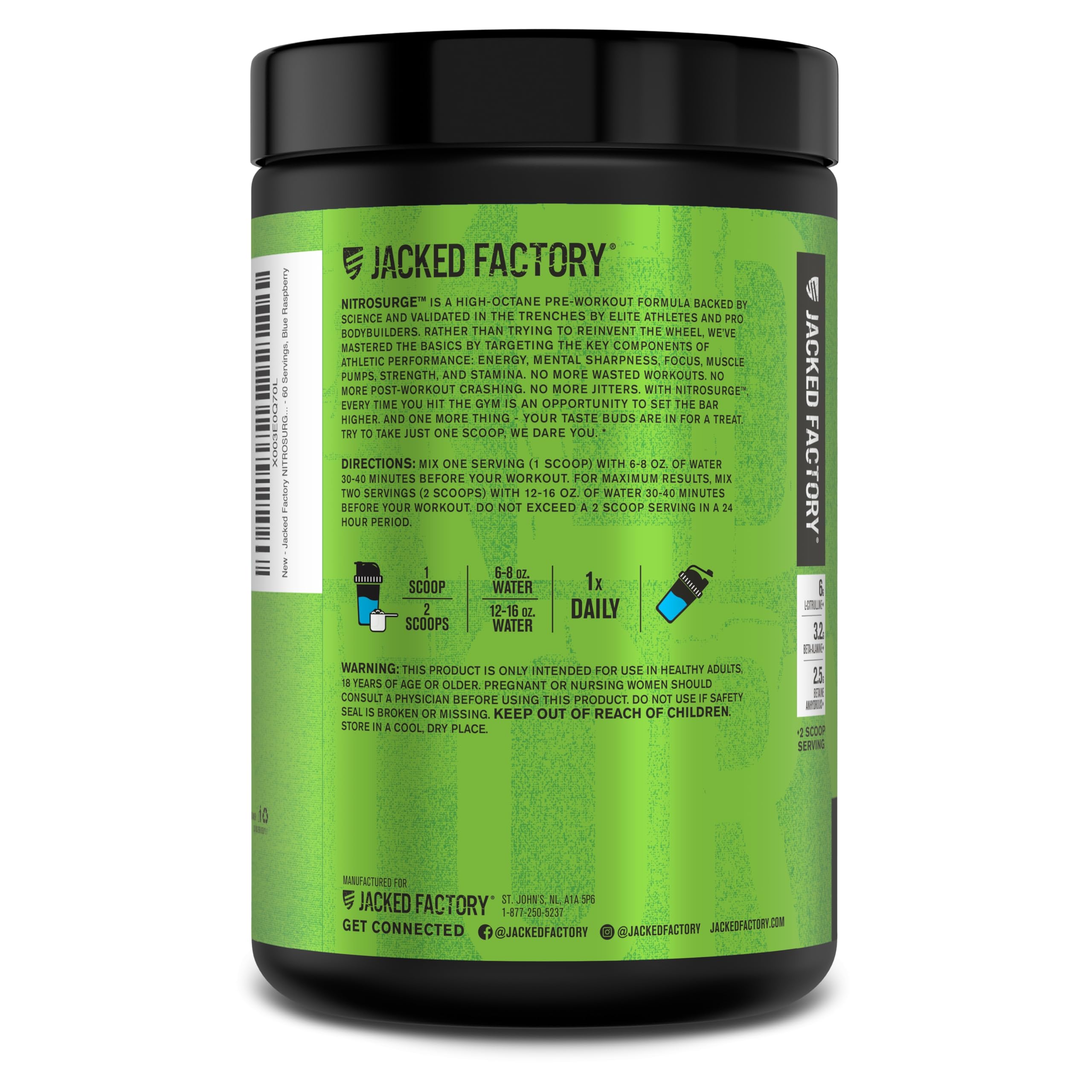 Creatine-free Nitrosurge formulation shown on label for versatile use.