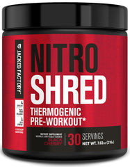 Jacked Factory Nitrosurge Shred bottle in Black Cherry, ready for workout energy.
