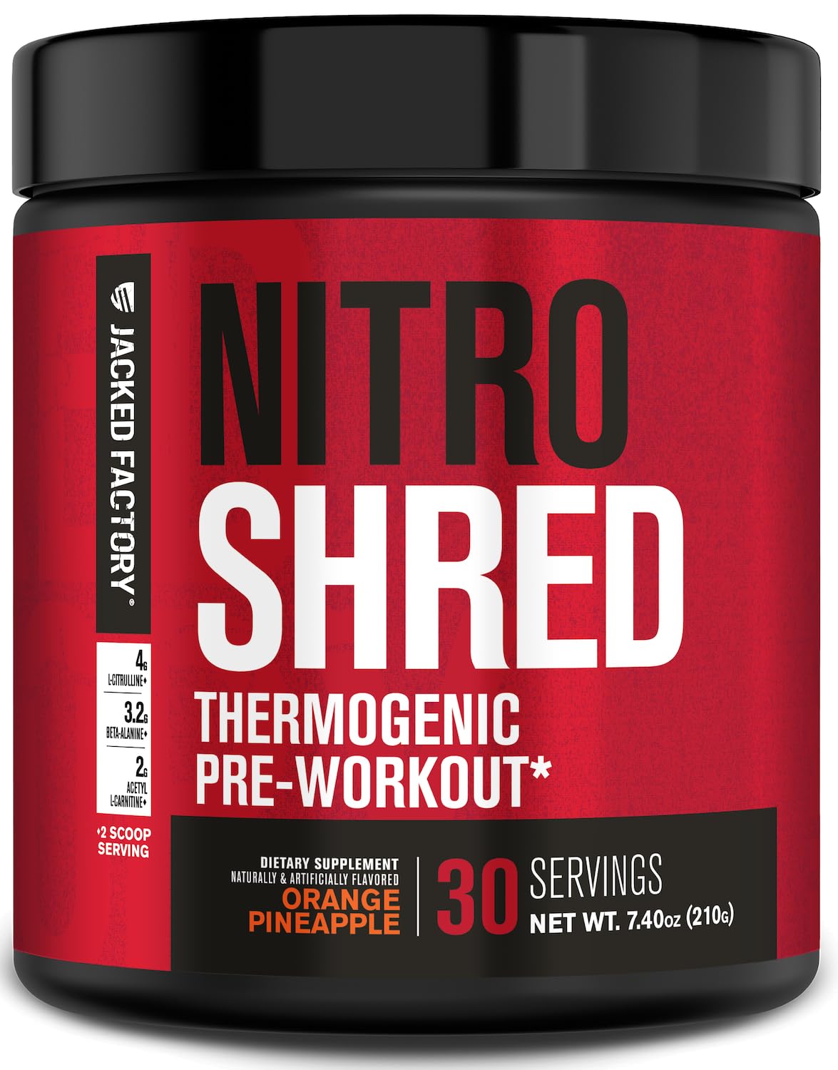Jacked Factory Nitrosurge Shred canister front view for premium energy boost.