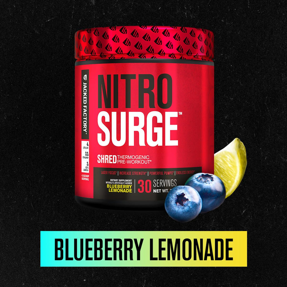 Pouring Nitrosurge Shred into a glass for sustained workout energy
