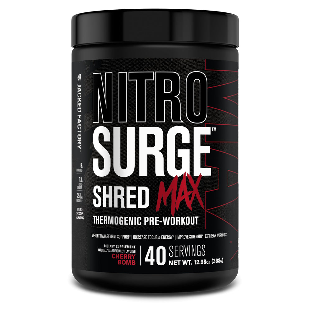 Jacked Factory Nitrosurge Shred Max can with Cherry Bomb flavor for powerful preworkout sessions.