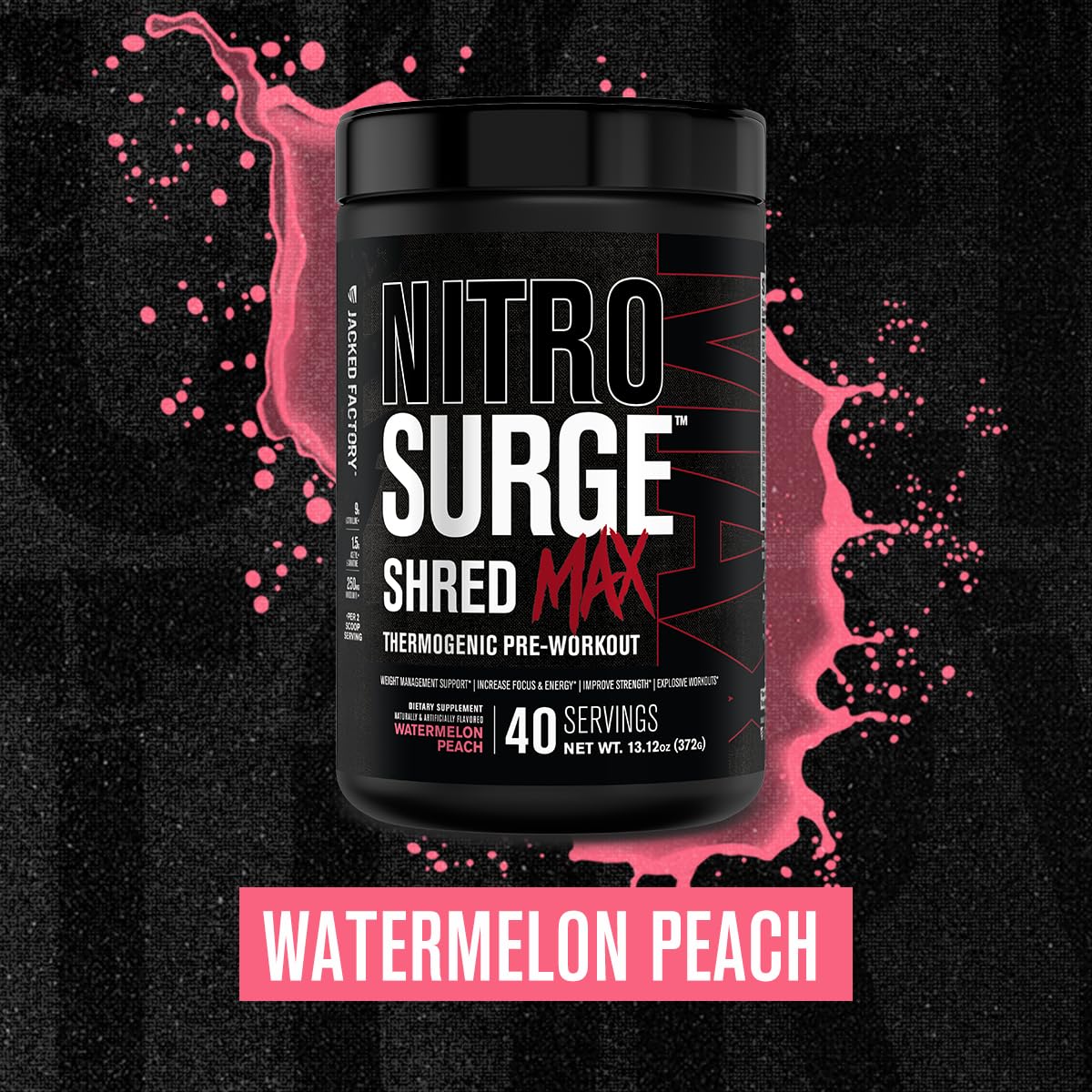 Jacked Factory Nitrosurge Shred Max canister close-up, highlights premium ingredients.