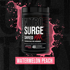 Jacked Factory Nitrosurge Shred Max canister close-up, highlights premium ingredients.