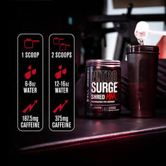Close-up of Nitrosurge Shred Max label highlights PurCaf caffeine information.