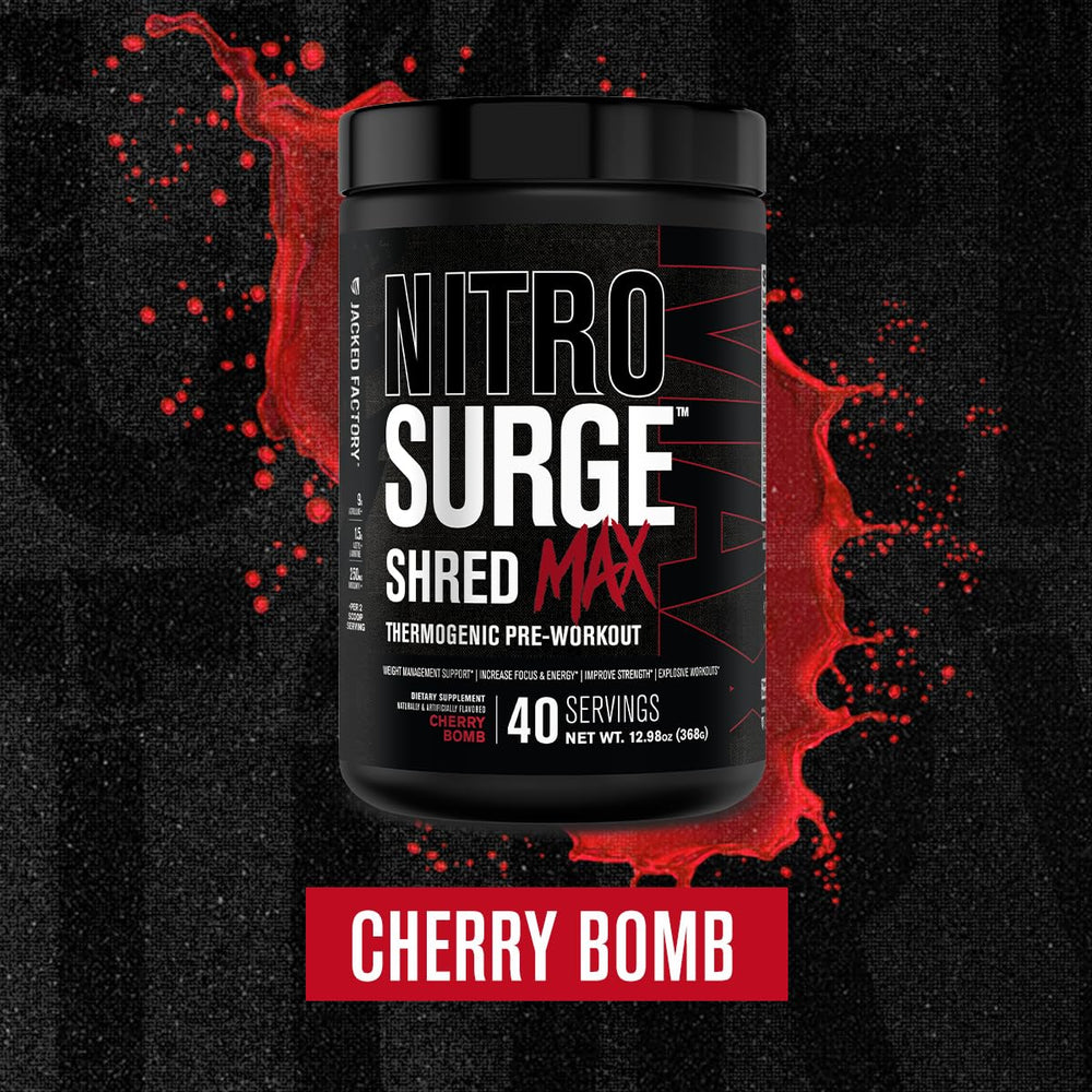 Mixed shake of Nitrosurge Shred Max displays vibrant Cherry Bomb flavor.