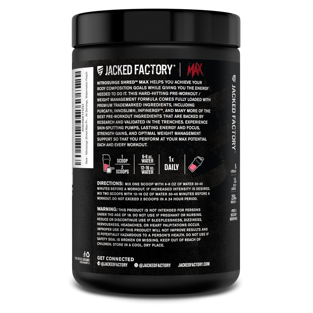 Jacked Factory Nitrosurge Shred Max label highlights PurCaf organic caffeine content.