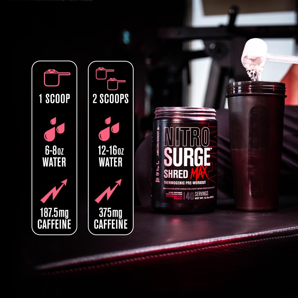 Jacked Factory Nitrosurge Shred Max shake ready for training, vibrant mix.